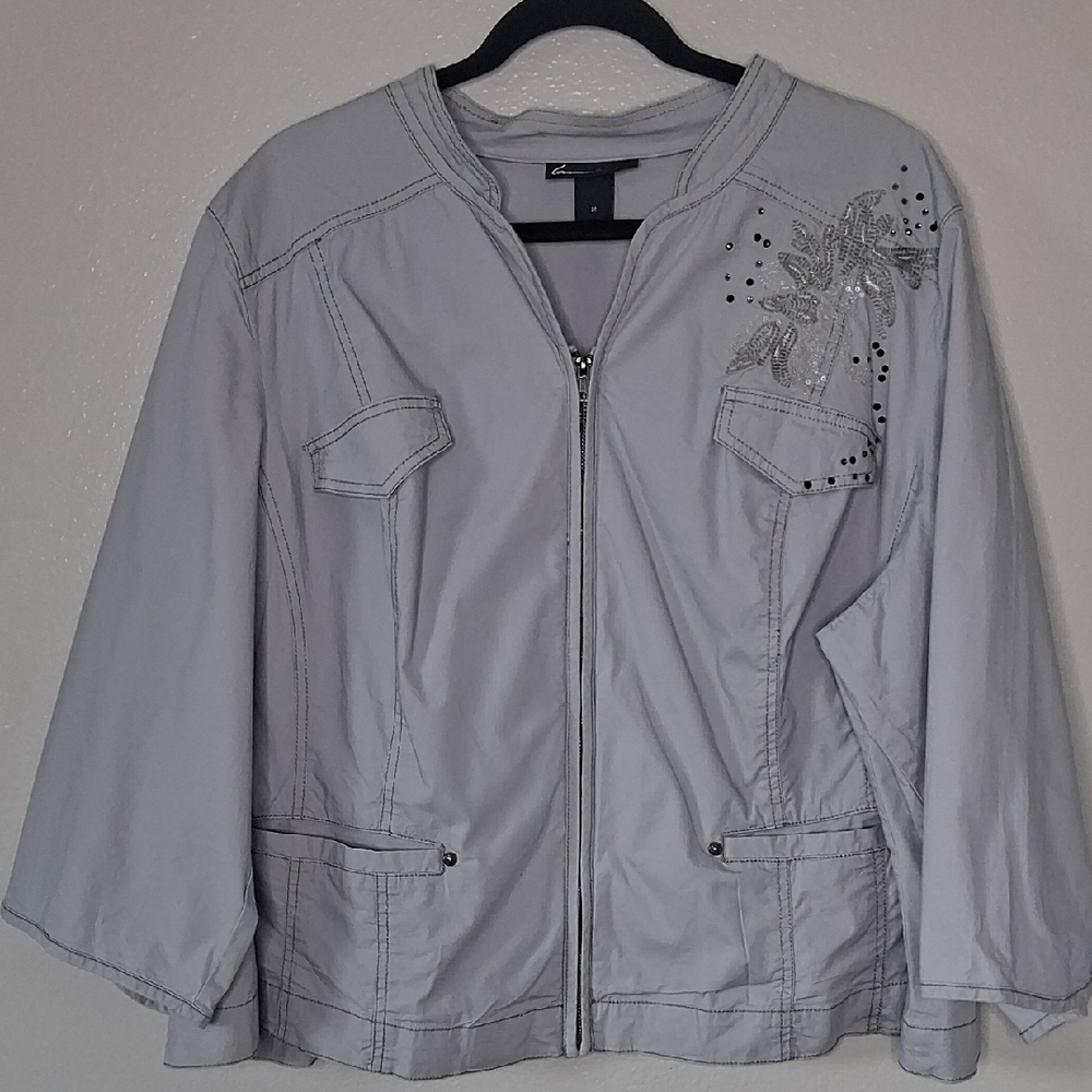 Lane Bryant Lightweight Jacket 3/4 Sleeve Gray Embroidered Plus Size 28
